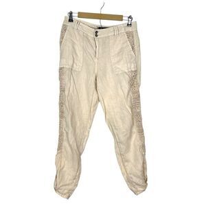 Tru Luxe Jeans Linen Pants Womens 29 Cream Lace crochet beige Embroidered Boho